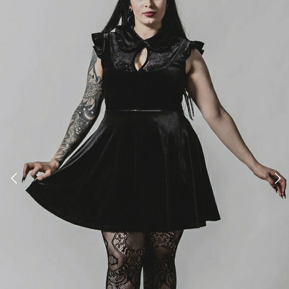 KILLSTAR Amaymon Black Velvet Mini Dress w/ Burnout Skulls & Keyhole at Collar
